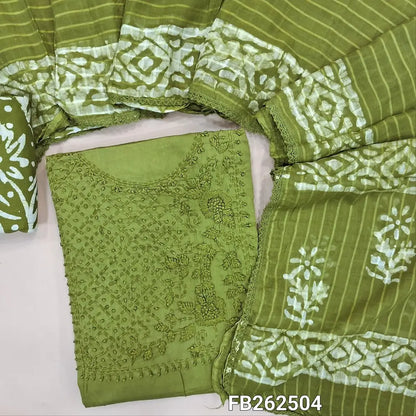 Bright mossy green wax batik dyed cotton unstitched salwar material(lining optional) embroidery work on yoke, batik dyed pure cotton bottom, batik dyed  full length mul cotton dupatta. FB262504