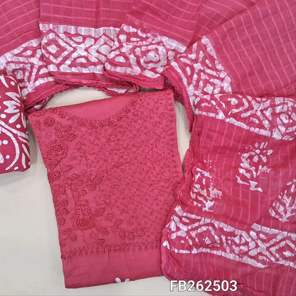Dark pink wax batik dyed cotton unstitched salwar material(lining optional) embroidery work on yoke, batik dyed pure cotton bottom, batik dyed  full length mul cotton dupatta. FB262503