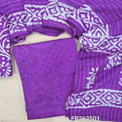 Violet wax batik dyed cotton unstitched salwar material(lining optional) embroidery work on yoke, batik dyed pure cotton bottom, batik dyed  full length mul cotton dupatta. FB262501
