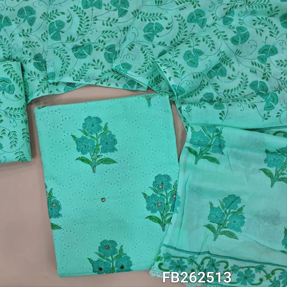 Pastel blue schiffli embroidered pure soft cotton unstitched salwar material, printed and faux mirror on front,(Thin, Lining Needed) printed soft cotton bottom,printed soft mul cotton dupatta. FB262513