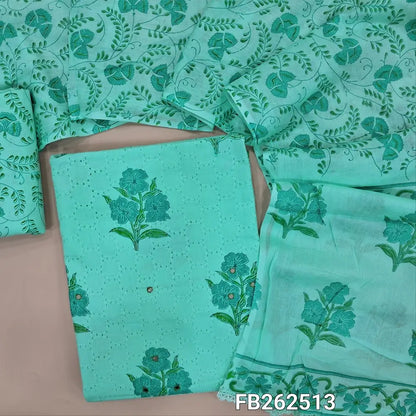 Pastel blue schiffli embroidered pure soft cotton unstitched salwar material, printed and faux mirror on front,(Thin, Lining Needed) printed soft cotton bottom,printed soft mul cotton dupatta. FB262513