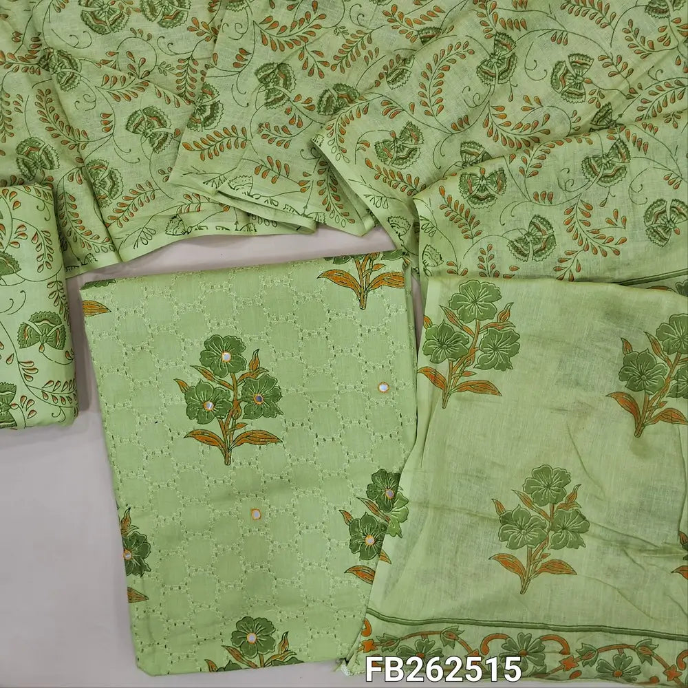 Pastel green schiffli embroidered pure soft cotton unstitched salwar material, printed and faux mirror on front,(Thin, Lining Needed) printed soft cotton bottom,printed soft mul cotton dupatta.  FB262515
