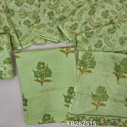 Pastel green schiffli embroidered pure soft cotton unstitched salwar material, printed and faux mirror on front,(Thin, Lining Needed) printed soft cotton bottom,printed soft mul cotton dupatta.  FB262515