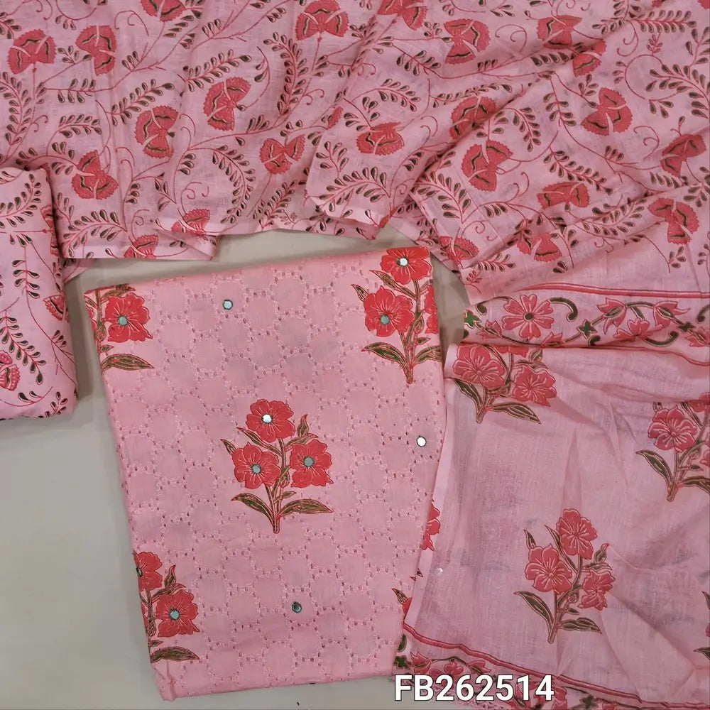 Pastel pink schiffli embroidered pure soft cotton unstitched salwar material, printed and faux mirror on front,(Thin, Lining Needed) printed soft cotton bottom,printed soft mul cotton dupatta.  FB262514