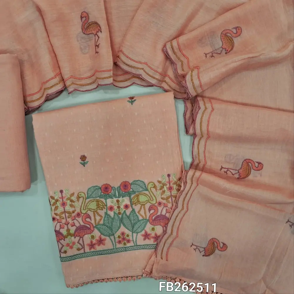 Pastel peach soft dobby cotton unstitched salwar material, floral work and self woven all over,embroidery work on daman (lining needed) drum dyed fabric provide for lining provided NO BOTTOM, embroidered pure mul cotton dupatta with borders. FB262511
