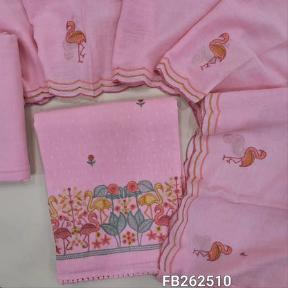 Pastel pink soft dobby cotton unstitched salwar material, floral work and self woven all over,embroidery work on daman (lining needed) drum dyed fabric provide for lining provided NO BOTTOM, embroidered pure mul cotton dupatta with borders. FB262510