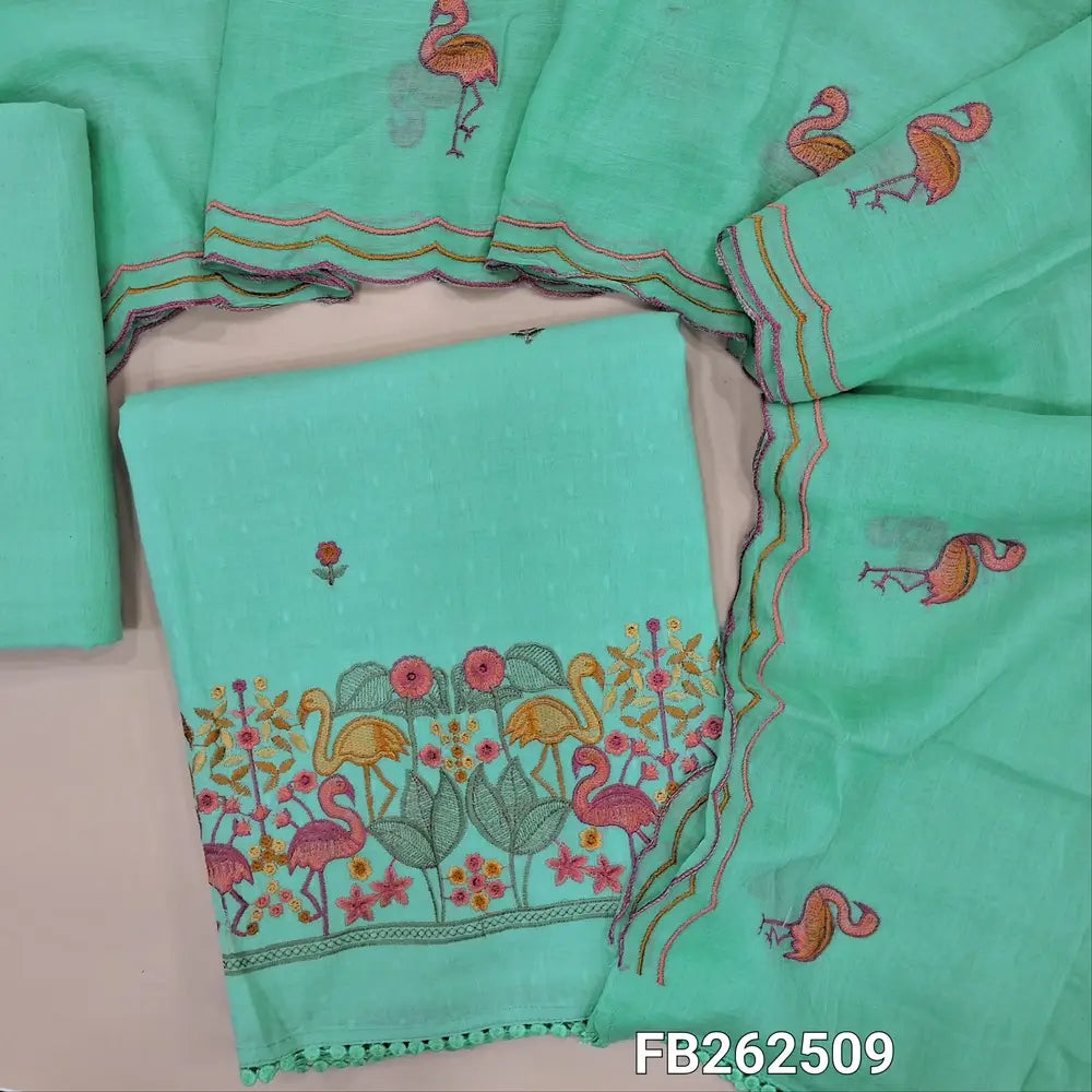 Pastel blue soft dobby cotton unstitched salwar material, floral work and self woven all over,embroidery work on daman (lining needed) drum dyed fabric provide for lining provided NO BOTTOM, embroidered pure mul cotton dupatta with borders. FB262509