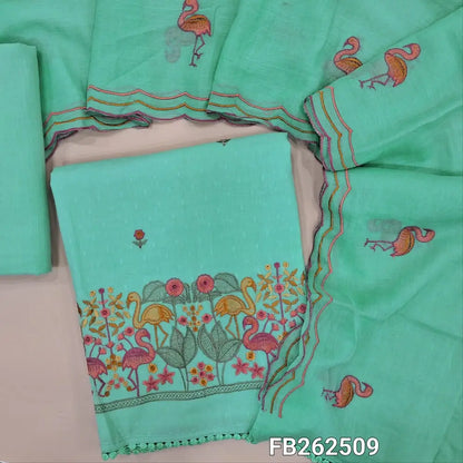 Pastel blue soft dobby cotton unstitched salwar material, floral work and self woven all over,embroidery work on daman (lining needed) drum dyed fabric provide for lining provided NO BOTTOM, embroidered pure mul cotton dupatta with borders. FB262509