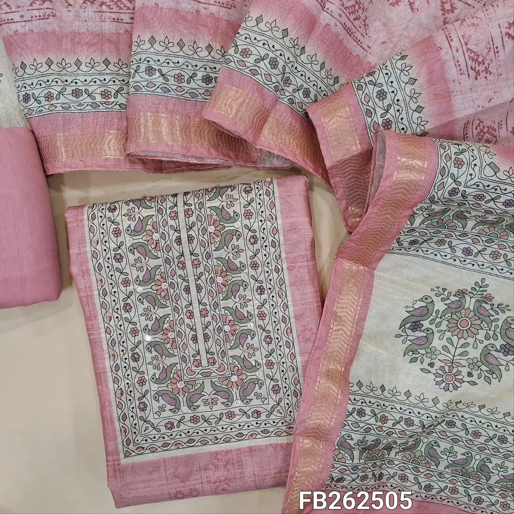 Pastel pink digital printed semi gicha unstitched salwar material,( lining needed)printed yoke with faux mirror,weaving allover, fabric provided for lining, NO BOTTOM,digital printed semi gicha dupatta with printed pallu and zari woven borders. FB262505