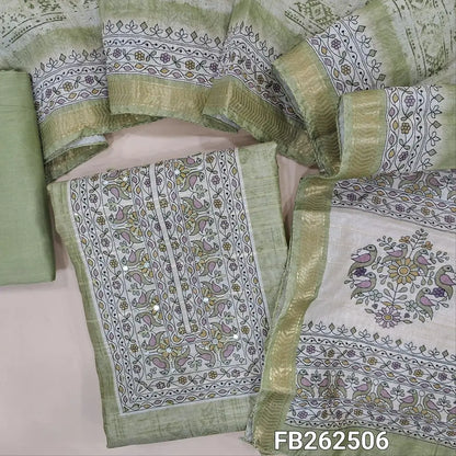 Pastel green digital printed semi gicha unstitched salwar material,( lining needed)printed yoke with faux mirror,weaving allover, fabric provided for lining, NO BOTTOM,digital printed semi gicha dupatta with printed pallu and zari woven borders. FB262506