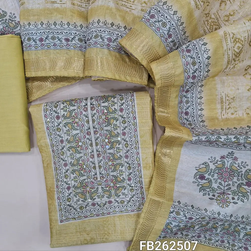 Pastel yellow digital printed semi gicha unstitched salwar material,( lining needed)printed yoke with faux mirror,weaving allover, fabric provided for lining, NO BOTTOM,digital printed semi gicha dupatta with printed pallu and zari woven borders. FB262507