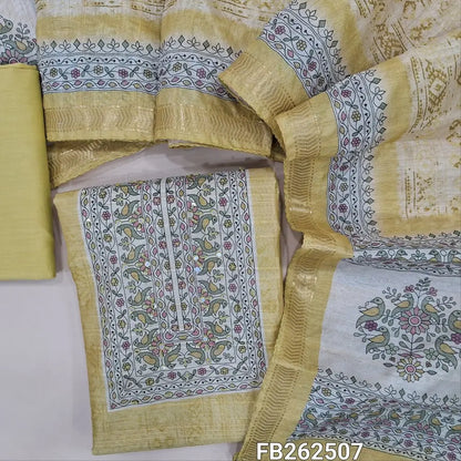 Pastel yellow digital printed semi gicha unstitched salwar material,( lining needed)printed yoke with faux mirror,weaving allover, fabric provided for lining, NO BOTTOM,digital printed semi gicha dupatta with printed pallu and zari woven borders. FB262507