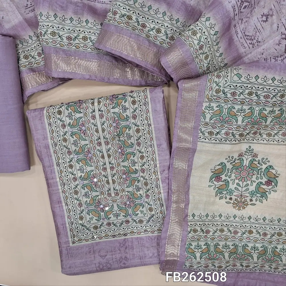 Lavender digital printed semi gicha unstitched salwar material,( lining needed)printed yoke with faux mirror,self weaving allover, fabric provided for lining, NO BOTTOM,digital printed semi gicha dupatta with printed pallu and zari woven borders. FB262508