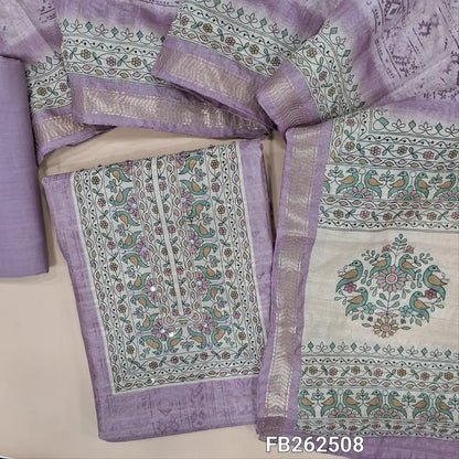Lavender digital printed semi gicha unstitched salwar material,( lining needed)printed yoke with faux mirror,self weaving allover, fabric provided for lining, NO BOTTOM,digital printed semi gicha dupatta with printed pallu and zari woven borders. FB262508