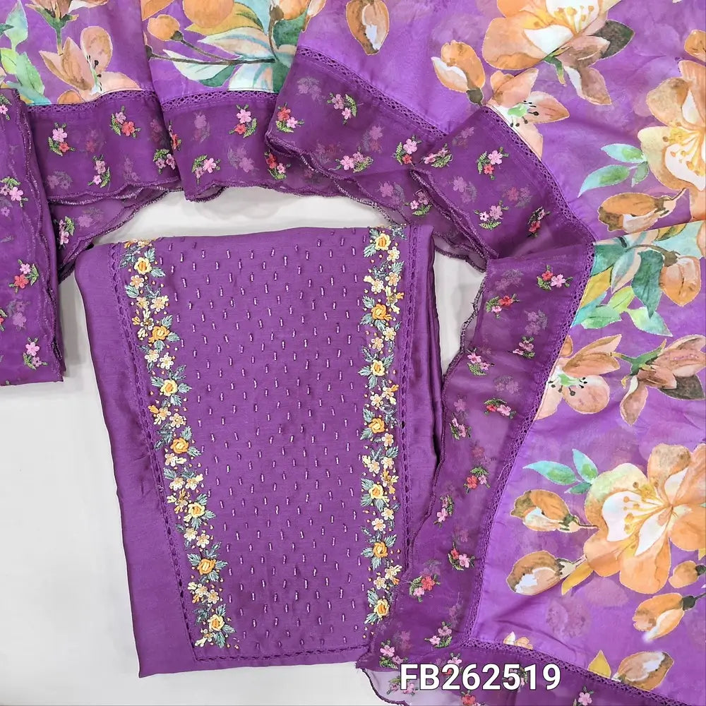 purple premium mul chanderi unstitched salwar material, hand embroidery sugar bead, cut bead, work on yoke(thin, lining needed)matching santoon bottom, floral printed organza dupatta with scallop edges. FB262519
