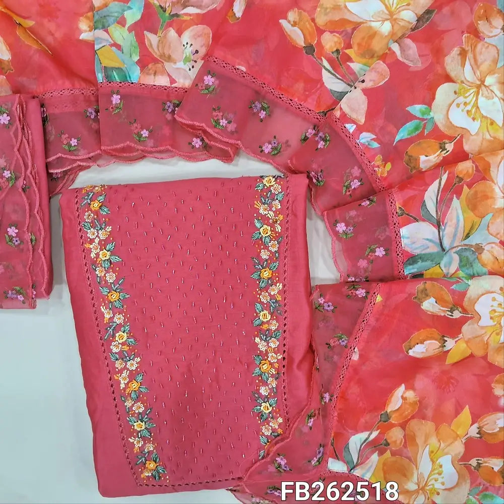 Peachish pink premium mul chanderi unstitched salwar material, hand embroidery sugar bead, cut bead, work on yoke(thin, lining needed)matching santoon bottom, floral printed organza dupatta with scallop edges. FB262518