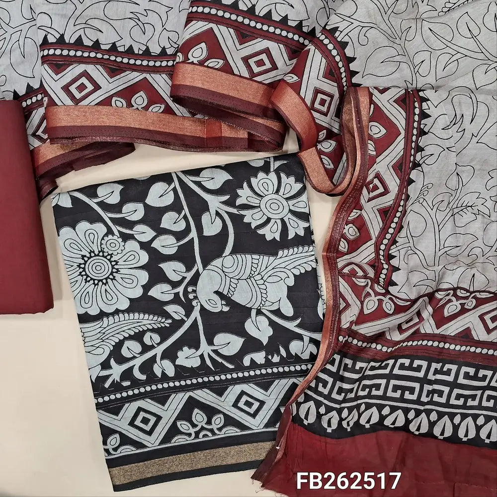 Black kalamkari printed soft fancy silk cotton unstitched salwar material, printed all over (Soft, Lining Needed, Thin) maroon pure cotton bottom, digital printed soft silk cotton full length dupatta (TAPINGS NEEDED). FB262517