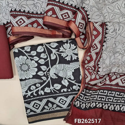 Black kalamkari printed soft fancy silk cotton unstitched salwar material, printed all over (Soft, Lining Needed, Thin) maroon pure cotton bottom, digital printed soft silk cotton full length dupatta (TAPINGS NEEDED). FB262517