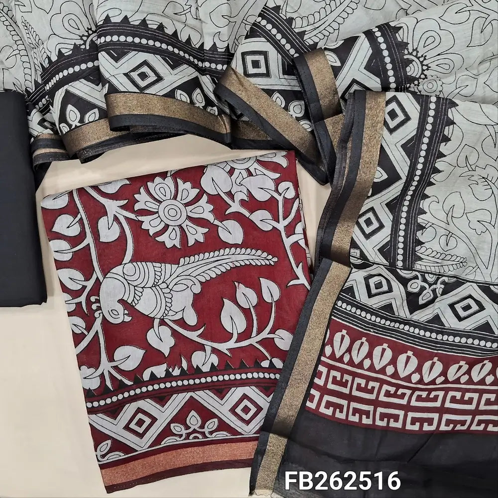 Maroon kalamkari printed soft fancy silk cotton unstitched salwar material, printed all over (Soft, Lining Needed, Thin) black pure cotton bottom, digital printed soft silk cotton full length dupatta (TAPINGS NEEDED). FB262516