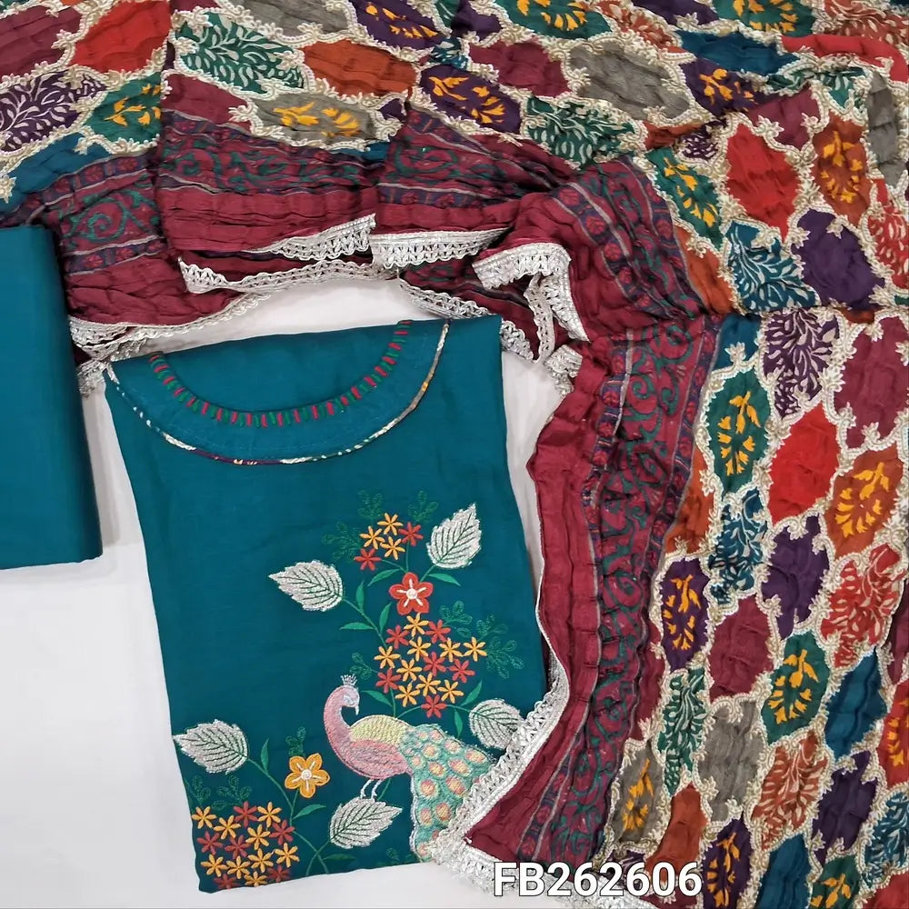 Teal green liquid fabric unstitched salwar material( soft,Lining optional)round neck, thread embroidery on front,matching liquid fabric bottom,multicolor crinkled fancy silk cotton dupatta with lace tapings. FB262606