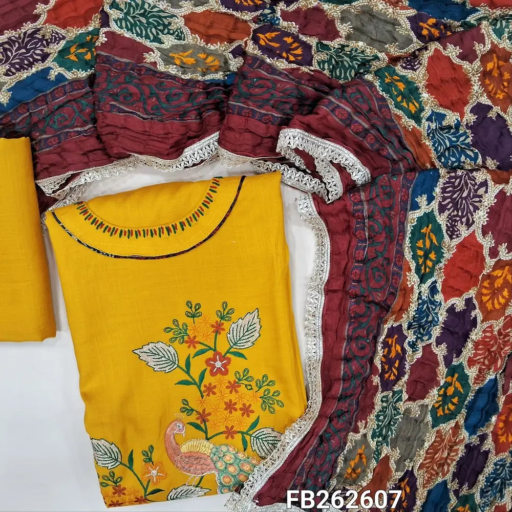Mehandhi yellow liquid fabric unstitched salwar material( soft,Lining optional)round neck, thread embroidery on front,matching liquid fabric bottom,multicolor crinkled fancy silk cotton dupatta with lace tapings. FB262607