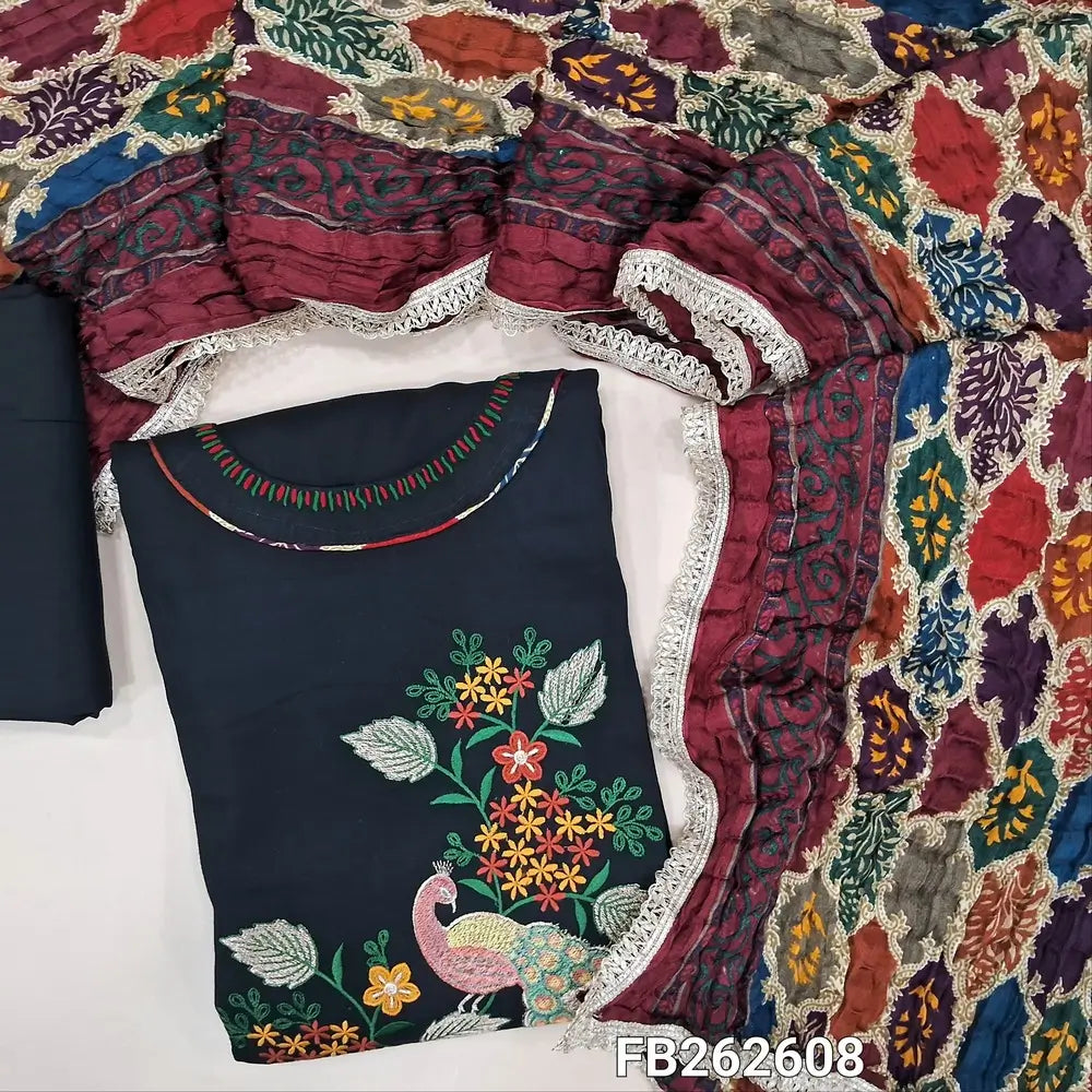 Black liquid fabric unstitched salwar material( soft,Lining optional)round neck, thread embroidery on front,matching liquid fabric bottom,multicolor crinkled fancy silk cotton dupatta with lace tapings. FB262608