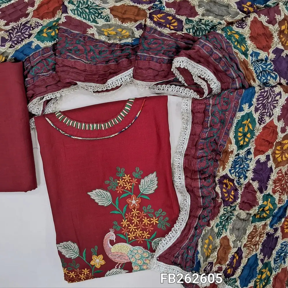 Reddish maroon liquid fabric u`nstitched salwar material( soft,Lining optional)round neck, thread embroidery on front,matching liquid fabric bottom,multicolor crinkled fancy silk cotton dupatta with lace tapings. FB262605