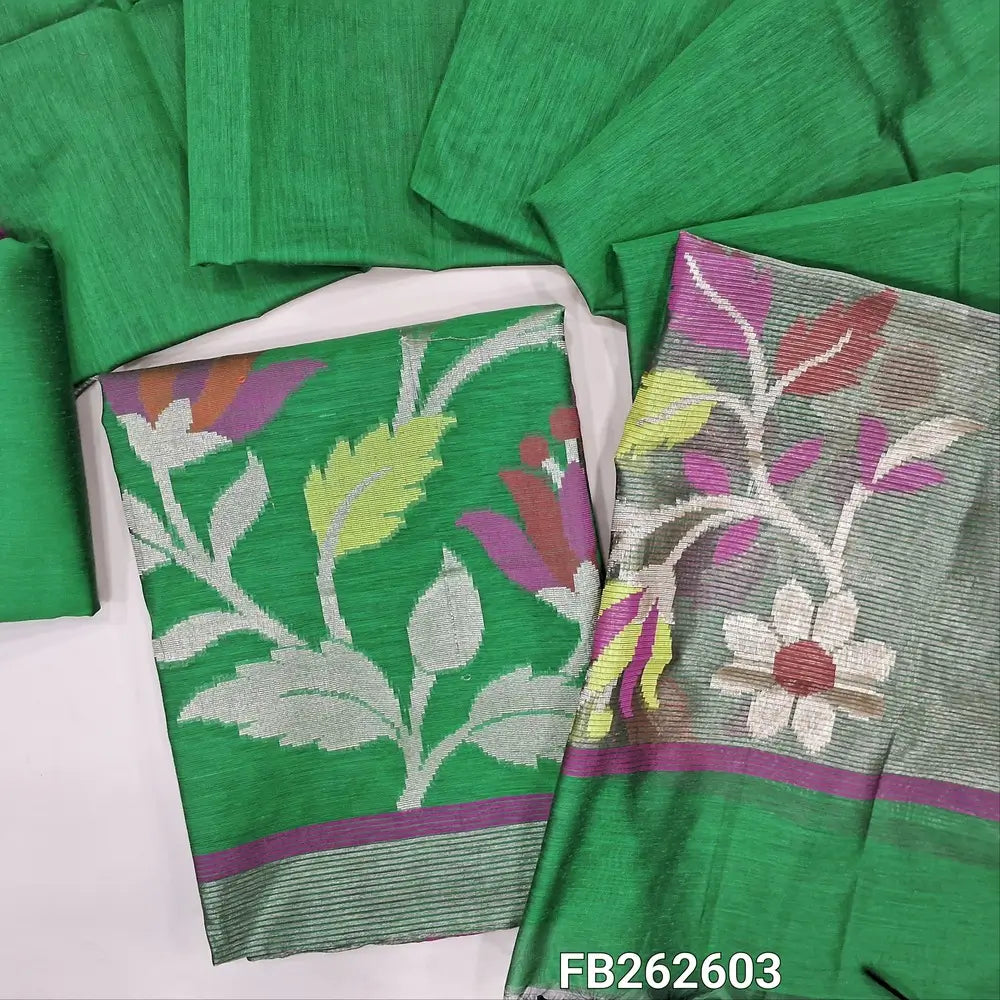 Leafy green premium silk cotton unstitched salwar material ( soft,lining needed) rich thread zari weaving daman, matching silk cotton bottom,silk cotton dupatta with tissue and weaving pallu. FB262603