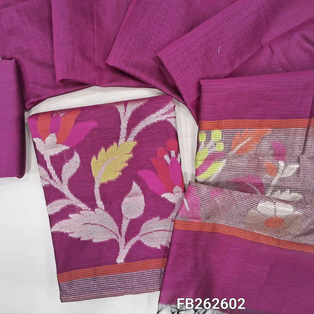 Rani pink premium silk cotton unstitched salwar material ( soft,lining needed) rich thread zari weaving daman, matching silk cotton bottom,silk cotton dupatta with tissue and weaving pallu. FB262602