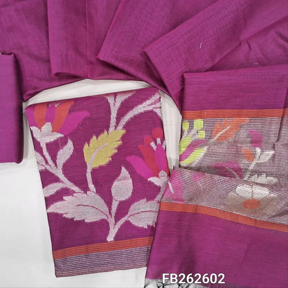 Rani pink premium silk cotton unstitched salwar material ( soft,lining needed) rich thread zari weaving daman, matching silk cotton bottom,silk cotton dupatta with tissue and weaving pallu. FB262602