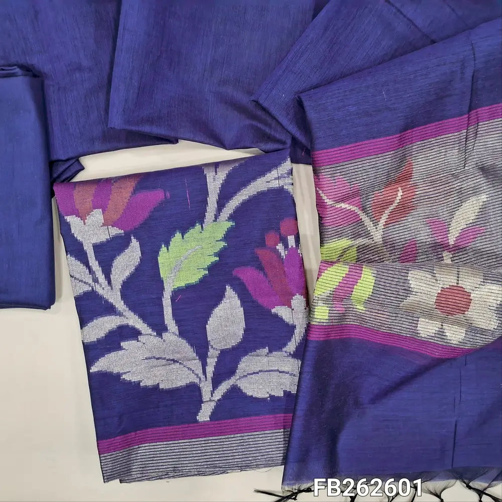 Royal blue premium silk cotton unstitched salwar material ( soft,lining needed) rich thread zari weaving daman, matching silk cotton bottom,silk cotton dupatta with tissue and weaving pallu. FB262601