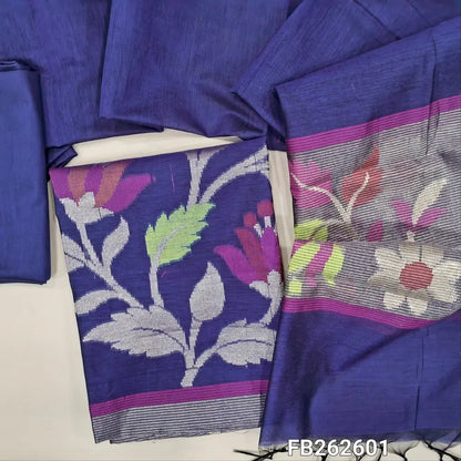 Royal blue premium silk cotton unstitched salwar material ( soft,lining needed) rich thread zari weaving daman, matching silk cotton bottom,silk cotton dupatta with tissue and weaving pallu. FB262601