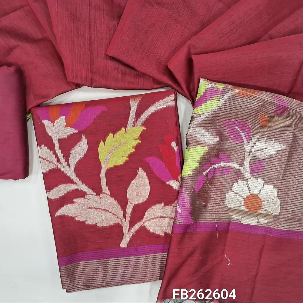 Maroon shade premium silk cotton unstitched salwar material ( soft,lining needed) rich thread zari weaving daman, matching silk cotton bottom,silk cotton dupatta with tissue and weaving pallu. FB262604