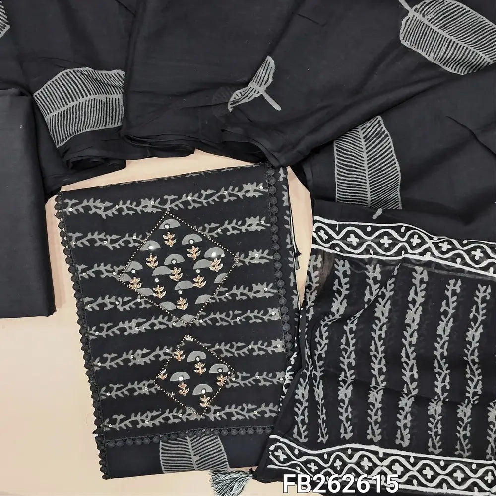 Designer black pure cotton unstitched salwar material, bead work, faux mirror and sequins on yoke, panel design and hand block printed(lining needed) matching cotton bottom, printed mul cotton dupatta. FB262615