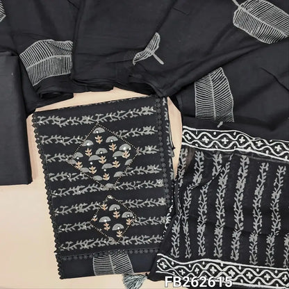 Designer black pure cotton unstitched salwar material, bead work, faux mirror and sequins on yoke, panel design and hand block printed(lining needed) matching cotton bottom, printed mul cotton dupatta. FB262615