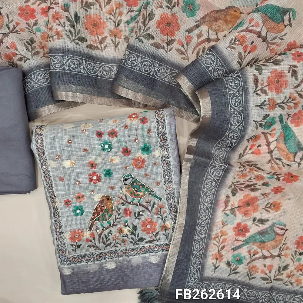 Grey kota silk cotton unstitched salwar material(thin, lining needed) sequins and bead work on yoke ,zari buttas allover, digital bird print daman ,matching spun cotton bottom, digital printed fancy kota silk cotton dupatta. FB262614