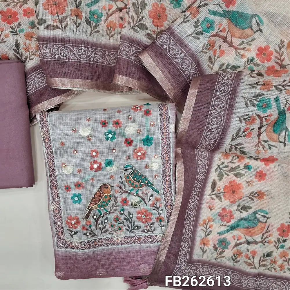 Mauve kota silk cotton unstitched salwar material(thin, lining needed) sequins and bead work on yoke ,zari buttas allover, digital bird print daman ,matching spun cotton bottom, digital printed fancy kota silk cotton dupatta. FB262613