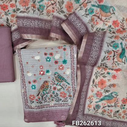 Mauve kota silk cotton unstitched salwar material(thin, lining needed) sequins and bead work on yoke ,zari buttas allover, digital bird print daman ,matching spun cotton bottom, digital printed fancy kota silk cotton dupatta. FB262613