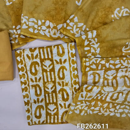 Mehandhi yellow wax batik dyed pure soft cotton unstitched salwar material, panel design(lining needed)matching pure cotton bottom, batik dyed full length mul cotton dupatta. FB262611