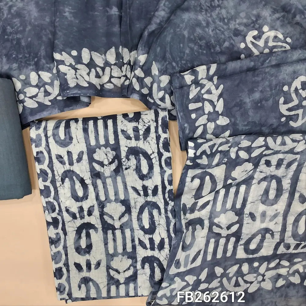 Grey wax batik dyed pure soft cotton unstitched salwar material, panel design(lining needed)matching pure cotton bottom, batik dyed full length mul cotton dupatta. FB262612