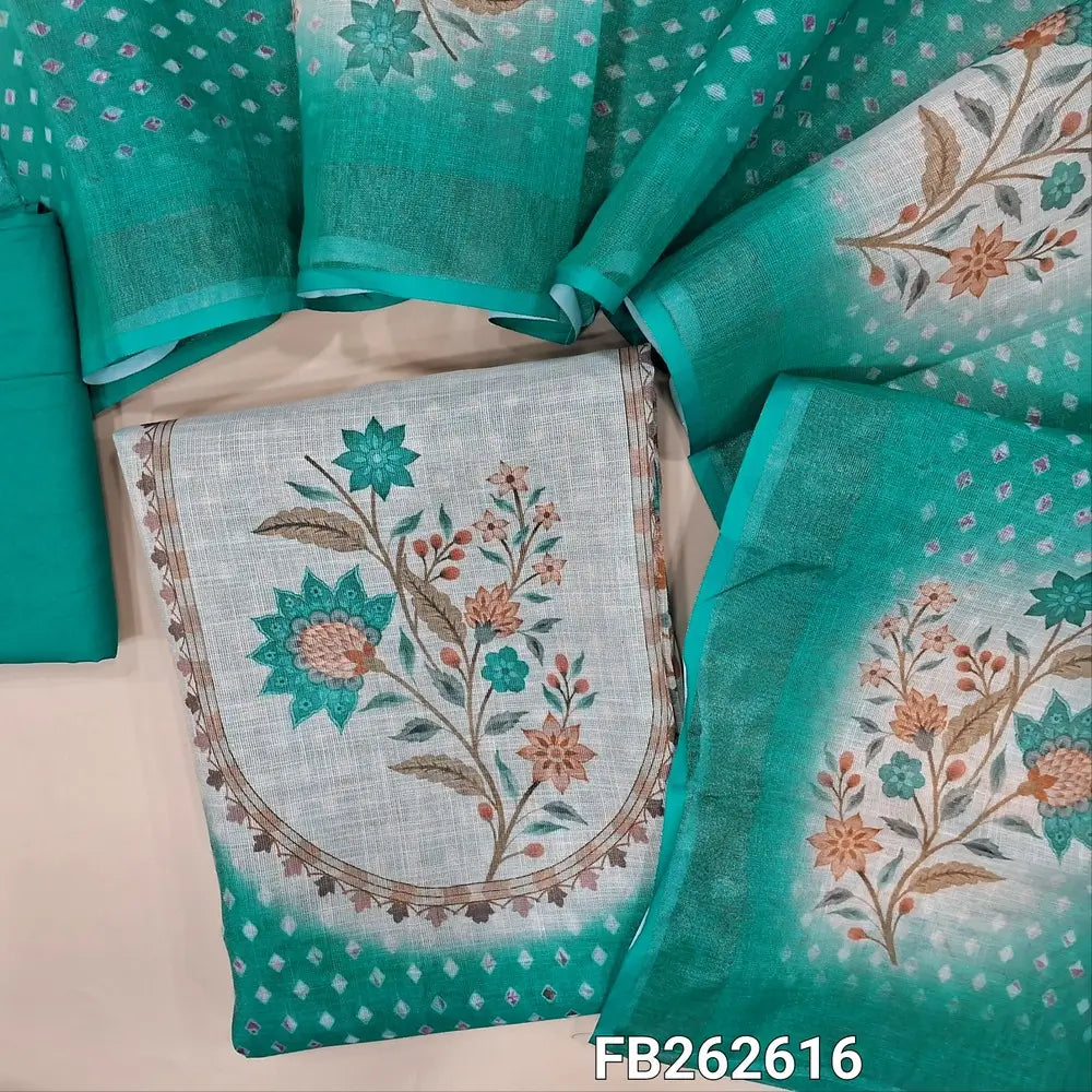 Turquoise green with golden tint printed fancy tissue silk cotton unstitched salwar material, printed yoke (soft, lining needed) matching silky bottom, digital printed tissue silk cotton dupatta with gold tissue borders. FB262616
