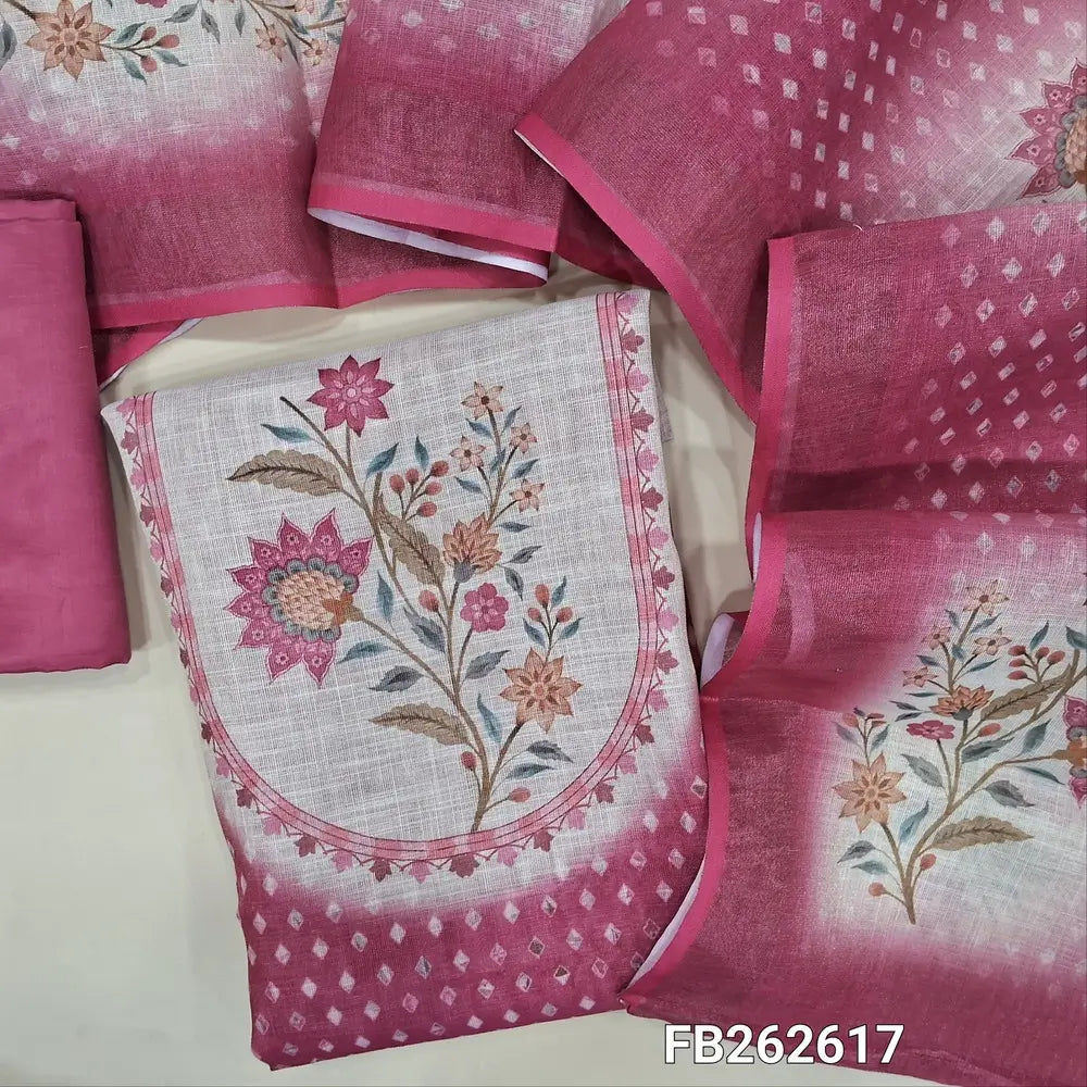 Pink with golden tint printed fancy tissue silk cotton unstitched salwar material, printed yoke (soft, lining needed) matching silky bottom, digital printed tissue silk cotton dupatta with gold tissue borders. FB262617