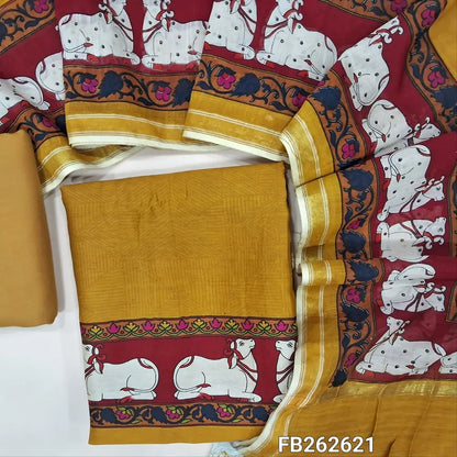 Bright mehandhi yellow pure Maheshwari silk cotton unstitched salwar material, pichwai printed on daman(thin, lining needed)matching pure cotton bottom, printed pure Maheshwari silk cotton dupatta. FB262621