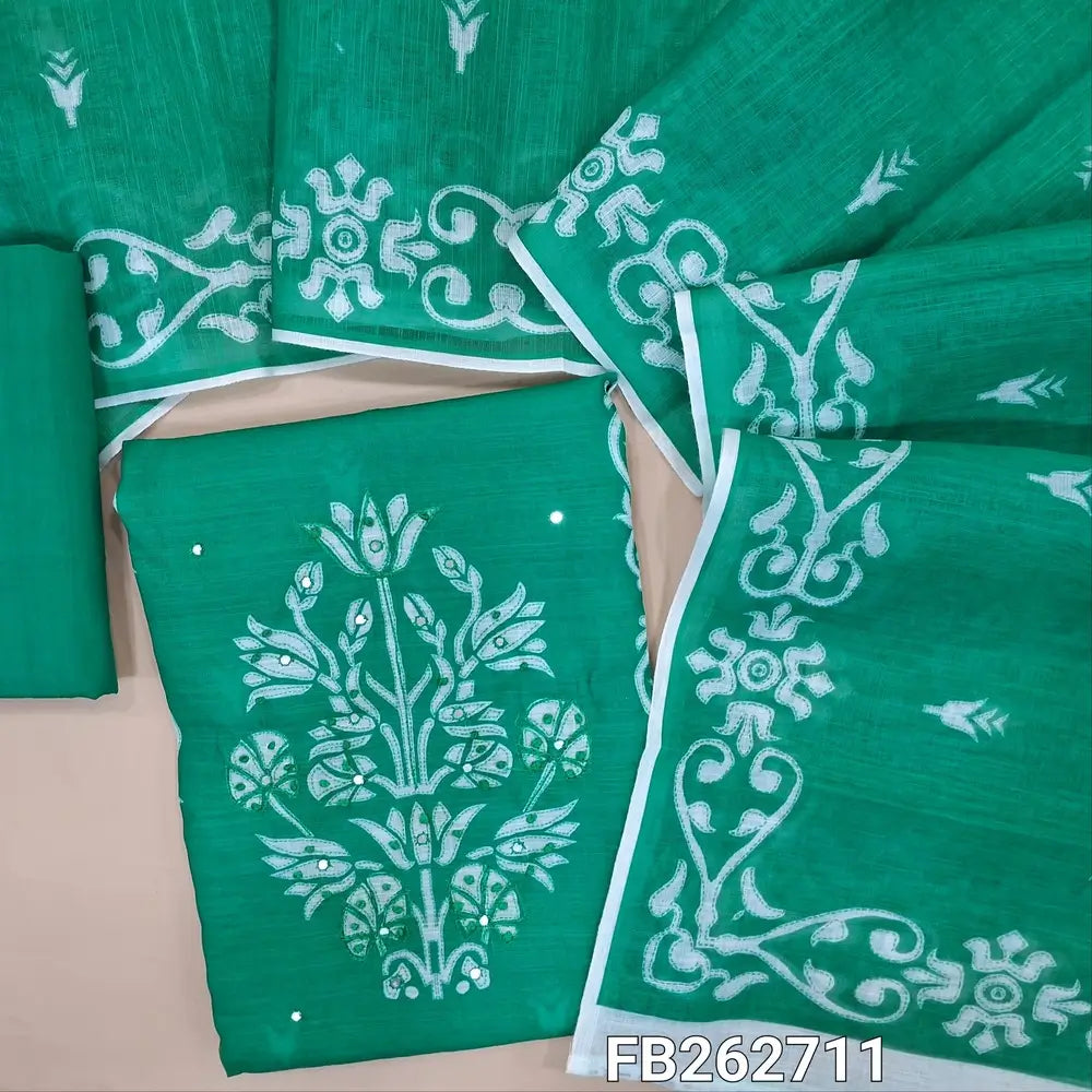 Turqouise green semi linen unstitched salwar material(Textured, Lining Needed) digital printed with faux mirror work and panel design ,Matching cotton bottom, printed  semi linen dupatta with borders. FB262711