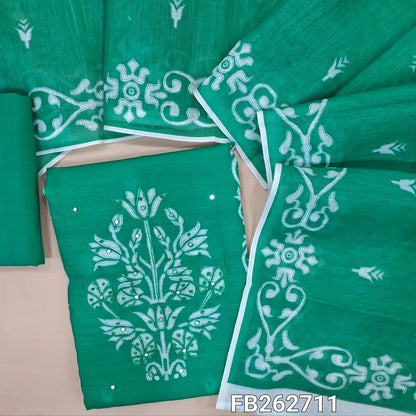 Turqouise green semi linen unstitched salwar material(Textured, Lining Needed) digital printed with faux mirror work and panel design ,Matching cotton bottom, printed  semi linen dupatta with borders. FB262711