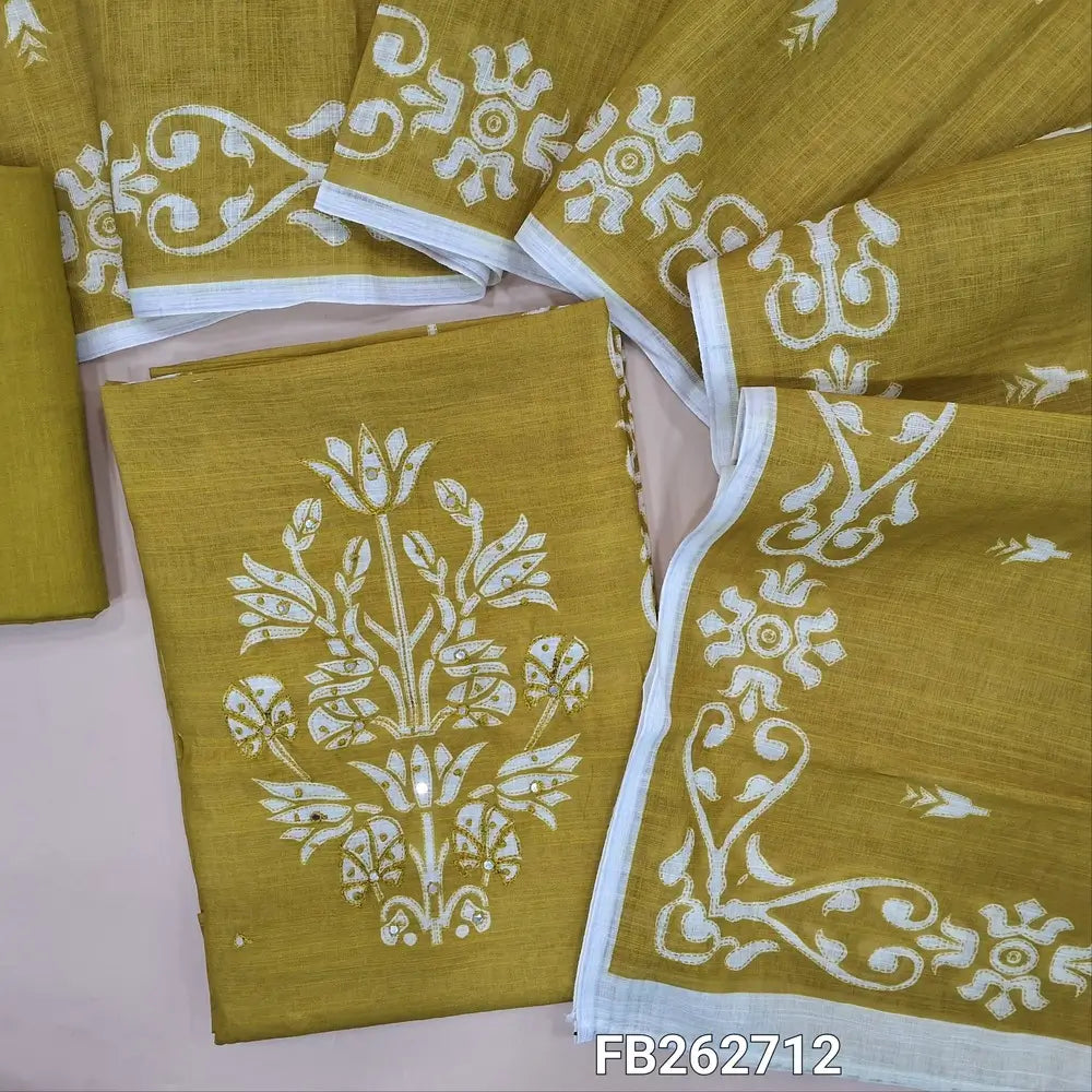 Mehandhi green semi linen unstitched salwar material(Textured, Lining Needed) digital printed with faux mirror work and panel design ,Matching cotton bottom, printed semi linen dupatta with borders. FB262712