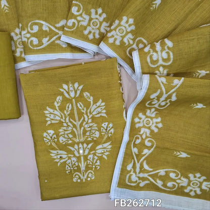 Mehandhi green semi linen unstitched salwar material(Textured, Lining Needed) digital printed with faux mirror work and panel design ,Matching cotton bottom, printed semi linen dupatta with borders. FB262712