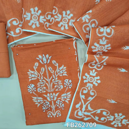 Rust orange semi linen unstitched salwar material(Textured, Lining Needed) digital printed with faux mirror work and panel design ,Matching cotton bottom, printed semi linen dupatta with borders. FB262709