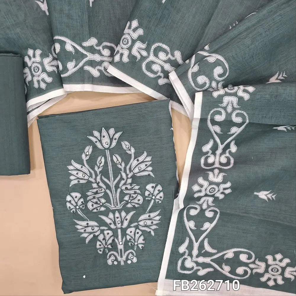 Grey semi linen unstitched salwar material(Textured, Lining Needed) digital printed with faux mirror work and panel design ,Matching cotton bottom, printed semi linen dupatta with borders. FB262710