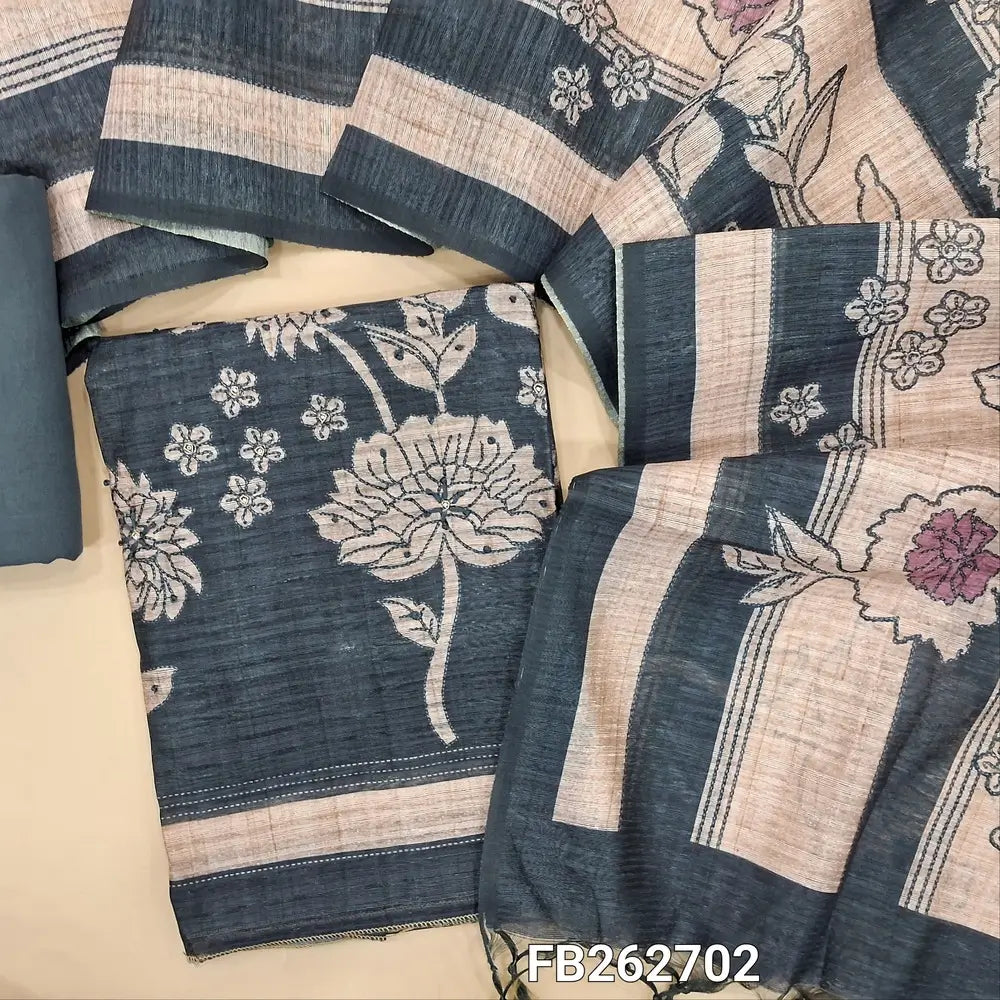 Dark blueish grey digital printed jute silk unstitched salwar material(thin,textured,lining needed)thread embroidery work with floral printed on front,matching spun cotton bottom,printed and stripes on jute silk dupatta. FB262702
